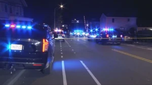 Police tape near a street after a shooting investigation in Taunton