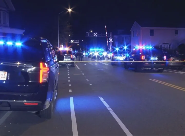 Police tape near a street after a shooting investigation in Taunton